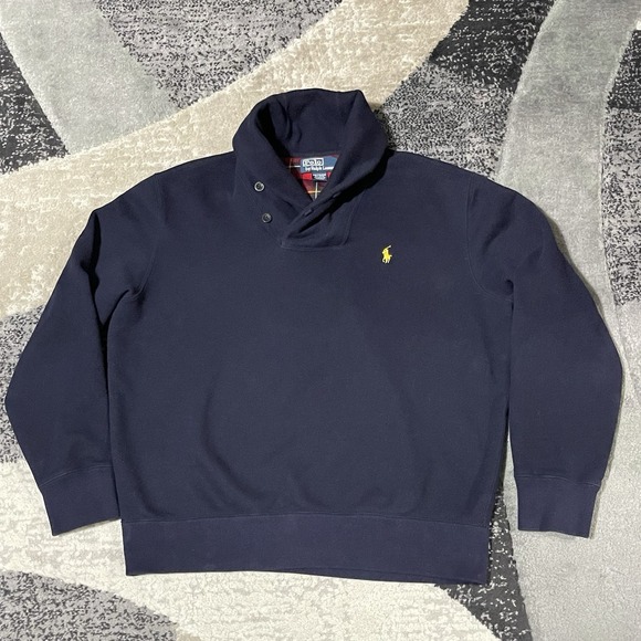 VTG Polo Ralph Lauren Shawl Collar Sweater  Men Large Blue Pullover Pony Dad - Picture 10 of 13